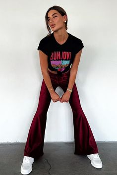 DETAILS Add retro-inspired bottoms to your casual wardrobe with the Burgundy Mel Velvet Flare Bells. These bells are impossibly soft and perfectly warm for the breezy chill of fall days or spring evenings. A flared bell bottom leg creates flowy, artful movement, which brings to life the luminous color of the fabric. Color: Burgundy Cotton/Polyester Machine wash cold/warm Tumble dry on low MADE IN LOS ANGELES Velvet Flares, Burgundy Velvet, Fall Days, Luminous Colours, Bell Bottom, Autumn Day, Clothing Co, Dress Romper, Casual Wardrobe