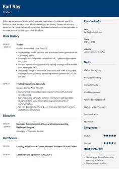 a professional resume template with blue accents on the top and bottom, it includes an image of