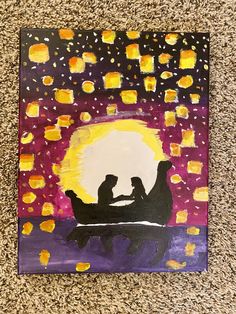 a painting of two people sitting on a boat in front of the moon and stars