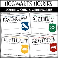 hogwart's houses sorting quiz & certificates