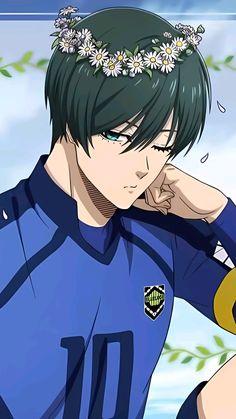 a man with green hair wearing a blue uniform