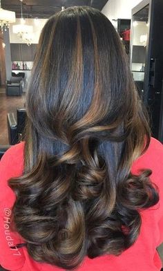 Indian Highlights Hair, Carmel Brown Highlights In Dark Hair, Highlights On Black Hair Black Women, Low Lights On Dark Hair, 2000s Hair Color, Chocolate Highlights On Dark Hair, Caramel Highlights On Black Hair, Jet Black Hair With Highlights, Deep Winter Hair Color