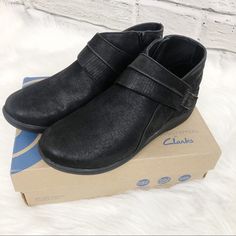 Clark’s Women’s Sillian Runi Black Ankle Boots With Zipper Closure In Sides And Velcro Strap. New With Box. Excellent Condition. Women’s Size 7.5 #Sh00052 Clarks Women's, Womens Clarks, Clarks Shoes, Dansko Professional Clog, Velcro Straps, Black Ankle Boots, Black Boots, Bootie Boots, Clogs