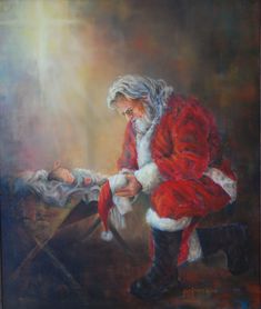 "Every Knee Shall Bow, the beginning of a series of eight Christmas paintings which honor the coming of Jesus to earth and His call to worship Him. \"That at the name of Jesus, every knee should bow, in heaven and on earth and under the earth.\" This is a wonderful reproduction of the original painting available in three giclee canvas sizes, including this 16x20." Christ Centered Christmas Traditions, Kneeling Santa, Precious Jesus, Every Knee Shall Bow, Christ Centered Christmas, Happy Birthday Jesus, 12 December, Santa Baby, Jesus Pictures