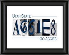 the utah state aggies logo is shown in black and white with blue letters that read, utah state aggies go aggies