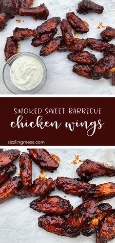 baked sweet barbecue chicken wings with ranch dressing in the middle and on the side, ready to be eaten