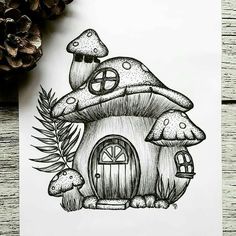 a drawing of a house with mushrooms on it