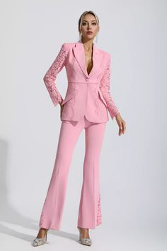 A set that expresses a unique personality - the Emory Pink Floral Lace Blazer Set is a wardrobe must-have. Top in lace, finely tailored. Floral cutouts add refined elegance. The bottom pants are designed with one-button flared trousers to modify the figure. For work or an important dinner, this set will be your good choice.Top Length: Approx 70cmPants Length: Approx 108cmMaterials: PolyesterGentle Dry Clean OnlyThe model is 5 ft 74 and wears size SColor may vary due to lighting on images. The Silver Sequin Top, Glitter Wedding Dress, Lace Blazer, Bandage Midi Dress, Blazer Set, Flared Trousers, Floral Shirt Dress, Puff Sleeve Dresses, Pink Pants