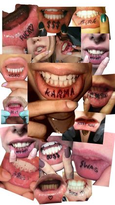 a collage of photos with words written on their mouths and teeth, all in different colors