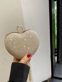 BirdinBag - Champagne Glitter Heart Design Mini Bag with Chain Strap ÃÂ¢ÃÂÃÂ Ideal for Parties Rhinestone Bag, Bag With Chain, Novelty Bags, Heart Bag, Color Champagne, Glitter Hearts, Mini Heart, Evening Clutch, Champagne Gold