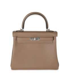 Pre-Owned Hermes Swift Beige De Weimar Retourne Kelly Ii 25 Phw Leather Handbag with Silver Hardware, circa 2022. Condition: Pristine. Albert Hitchcock, Princess Of Monaco, Hermes Kelly 25, Kelly 25, France Colors, Structured Bag, Gift Ribbon, Brown Handbag, Pregnant Belly