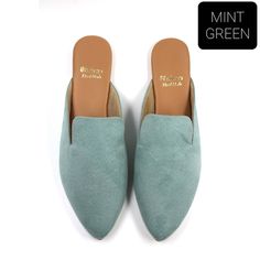 Flat Suede Mules With Leather Sole, Comfortable Green Mules With Cushioned Footbed, Summer Suede Slip-ons With Flat Heel, Summer Suede Flat Slip-ons, Summer Suede Loafers With Suede Lining, Summer Suede Closed Toe Loafers, Suede Loafers With Suede Lining For Summer, Flat Suede Mules For Spring, Casual Suede Slippers With Flat Heel