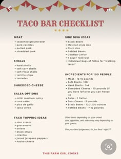 the taco bar checklist is shown in red and yellow with bunting on it