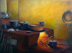 an oil painting of pots and pans on a table