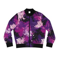 Few items are as iconic as the bomber jacket - and this one takes things to a whole new level. Featuring a stand-collar type, ribbed cuffs, collar, and hem, it's as durable as it's comfortable. Add your custom, all-over-print ideas to this women's bomber jacket and make it cute, badass, or both. .: 100% polyester .: Seam thread color (black/white) automatically matched to design .: Regular fit .: Stand-collar type .: Black lining, collar, cuffs and hem bottom .: Copper zipper closure .: Printed, cut and sewn in China Spring Streetwear Track Jacket With Graphic Print, Graphic Print Track Jacket For Spring Streetwear, Casual Fitted Outerwear With Graffiti Print, Cotton Outerwear With All Over Print For Fall, Spring Urban Track Jacket With Graphic Print, Fitted Graffiti Print Outerwear For Fall, Fitted Graffiti Print Outerwear For Streetwear, Trendy Graphic Print Track Jacket For Winter, Trendy Winter Track Jacket With Graphic Print