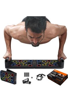 a man is doing push ups on a board with other items in front of him