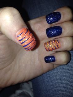 Broncos nails Auburn Football Nails, Auburn Nails Acrylic, Superbowl Nails, Auburn Nails, Bronco Nails, Denver Broncos Nails, Sports Nail Art, Broncos Nails, Super Bowl Nails