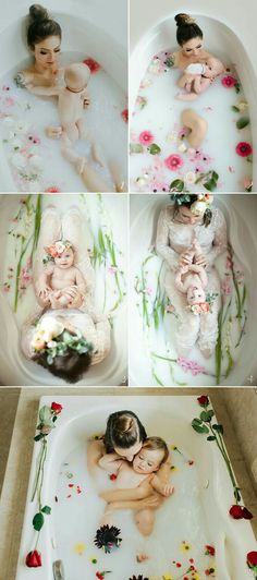 four photos of two babies in a bathtub with flowers