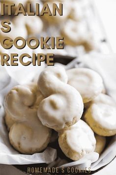 there is a bowl full of cookies with white icing on it and the words, italian as cookie recipe