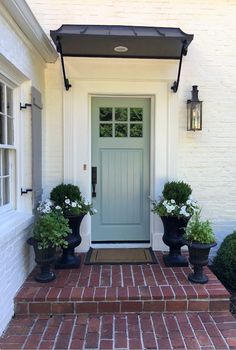 two potted plants sit on the front steps of a house