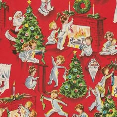 an old fashioned christmas scene with children decorating the tree and other holiday decorations on red background