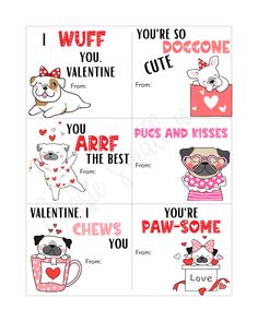 valentine's day cards with dogs and hearts on the front, one saying i love you