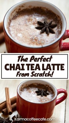 the perfect chai tea latte from scratch is served in red mugs with cinnamon sticks and star anise