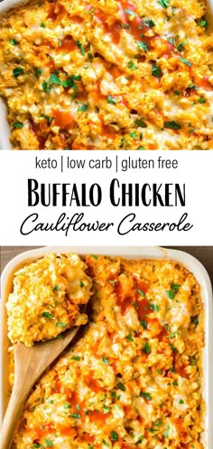 two images showing how to make buffalo chicken cauliflower casserole in the oven