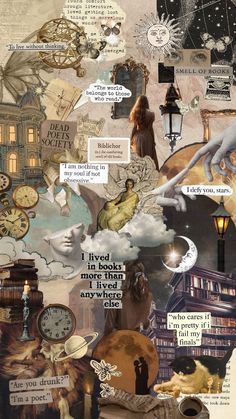 a collage with many different pictures and words on it's side, including an image of a woman