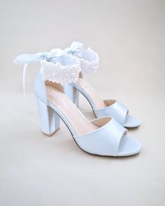 light blue satin block heels wedding sandals with allover pearls straps Summer Wedding Pearl Heels, Feminine Block Heel Wedding Sandals, Feminine Block Heel Sandals For Wedding, Elegant Block Heel Sandals For Bridal Shower, Bridal Shower Pearl Embellished Ankle Strap Sandals, Elegant Ankle Strap Sandals For Bridal Shower, Open Toe Heels With Pearl Embroidery For Party, Wedding Sandals, Wedding Parties