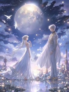 two people standing in front of a full moon with stars and the sky reflecting on water