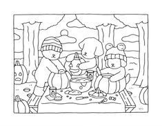 two teddy bears cooking in the woods coloring page for kids and adults, with an adult bear