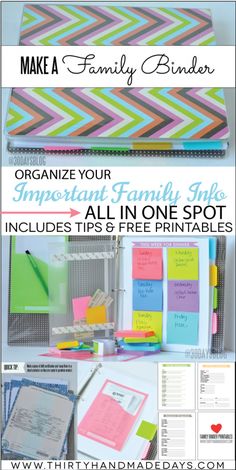 an organized family binder with the text organize your organization in one spot includes tips and free printables