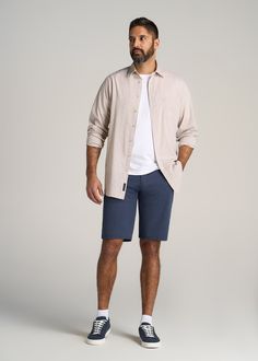 About Our Hybrid Shorts for Tall Men The do-it-all shorts for tall men you never knew you needed. These versatile shorts are designed to go from the pool to the patio with ease. A hybrid between day shorts and swim trunks for tall men, they're made with a quick-drying fabric that sheds water and resists wrinkles. This makes them ideal for traveling, summer days and weekends where life could take you anywhere. These tall men's shorts land just above the knee for maximum mobility and a modern fini Men’s Fashion For Tall Guys, Plus Size Men Outfits Summer, Men’s Casual Shorts Outfit, Tall Guy Outfits, Casual Big And Tall Bottoms With Built-in Shorts, Men’s 5 Inch Shorts Outfit, Plus Size Men Outfits, Japan Clothes, Plus Size Male Fashion