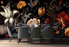 a dining room table with chairs and flowers on the wall behind it in front of a black background