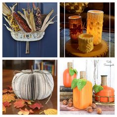 four different pictures with pumpkins, candles and other decorations