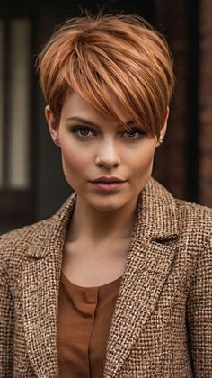 Christmas pixie cuts - pixi haircut - pixi hairstyles - pixie bob haircut - pixy - pixies Copper Pixie Hair, Dimensional Copper Hair, Copper Hair With Blonde Highlights, Pixi Haircut, Copper Hair With Blonde, Dimensional Copper, Hairstyle For Women Over 50, Natural Short Hairstyles, Hair Colors For Fall