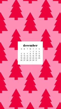 a calendar with red trees on it and the word december written in black ink, against a pink background