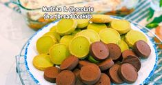 chocolate and green cookies on a plate with the words matcha & chocolate shortbread cookies