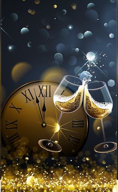 a clock with two glasses of wine on it and sparkling lights in the back ground