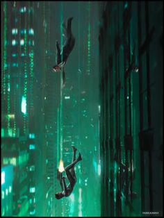 two people are suspended in the air over a city at night with green lights and skyscrapers