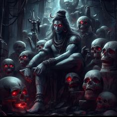 a woman sitting on top of a pile of skulls in a forest with red eyes