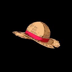 a drawing of a hat with red ribbon around the brim on a black background