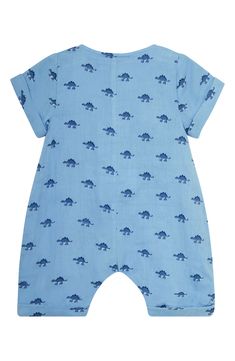 Cutesy dinosaur graphics pattern a short-sleeve romper that's cut from breathable cotton to keep baby comfy. Front button closure 100% cotton Machine wash, tumble dry Imported Cotton Jumpsuits And Rompers With Pockets For Playwear, Cotton Onesie With Dinosaur Print For Playtime, Casual Cotton Onesie With Dinosaur Print, Spring Cotton Onesie With Short Sleeve, Cotton Short Sleeve Onesie For Spring, Short Sleeve Cotton Onesie For Spring, Casual Dinosaur Print Onesie For Playtime, Summer Cotton Onesie For Playwear, Summer Cotton Playwear Onesie