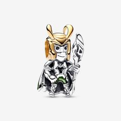 Add a touch of mischief to your stack with the MARVEL Loki Charm. If Loki is your favorite character, you're in luck! Our sterling silver charm shows the God of Mischief wearing his iconic uniform and features realistic facial details, as well as a horned helmet in our 14k gold-plated unique metal blend. He also wears a highly-detailed polished armour, holds a sceptre as well as a bright green cape in hand-applied transparent enamel. Say yes to adventure by adding him to your collection or gift Pandora Marvel, Marvel Loki, Charmed Show, Charms Pandora, Pandora Charm, Mesh Bracelet, Marvel X, Silver Charm Bracelet, Christmas Gift Jewelry