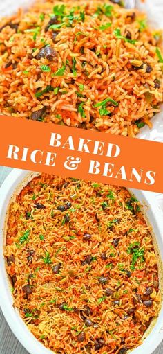 baked rice and beans in a white dish with an orange banner over the top that says baked rice and beans