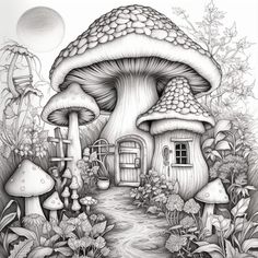 a black and white drawing of a mushroom house in the woods with lots of flowers