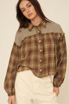 Orchard Hill Buttoned Plaid Peasant Top - ShopPromesa Yoke Top, Wood Buttons, Planet Fitness Workout, Statement Dress, Peasant Top, Modern Outfits, Plaid Tops, Peasant Tops, Ruffle Trim