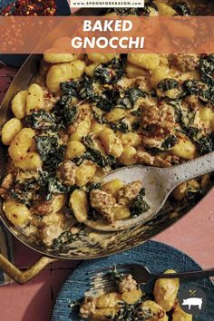 baked gnocchi with spinach and sausage in a skillet on a blue plate