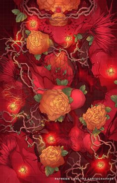 a red background with flowers and leaves on it